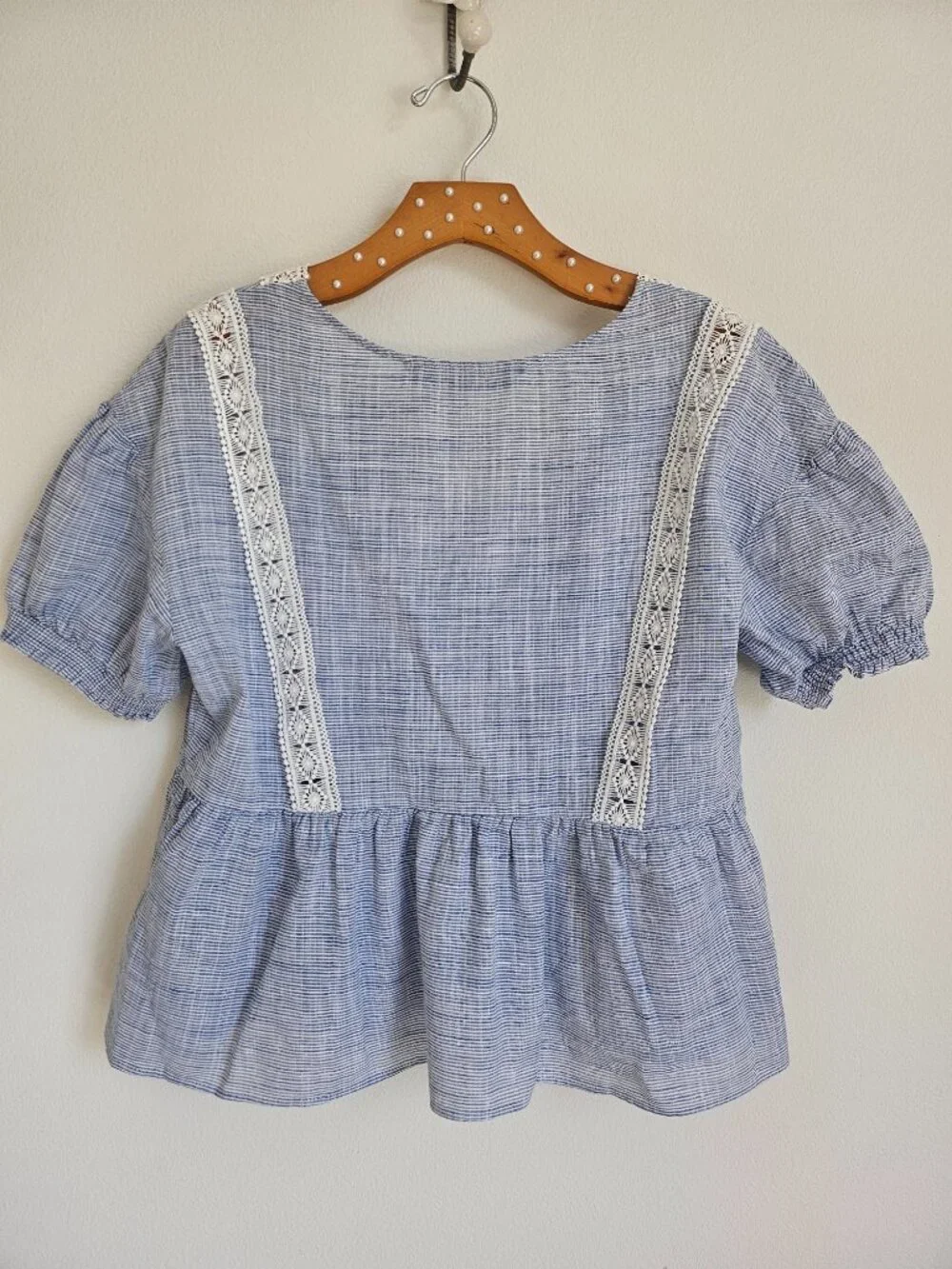 Zara Boho Lace Trim V-Neck Puff Sleeve Blouse Blue - Size L